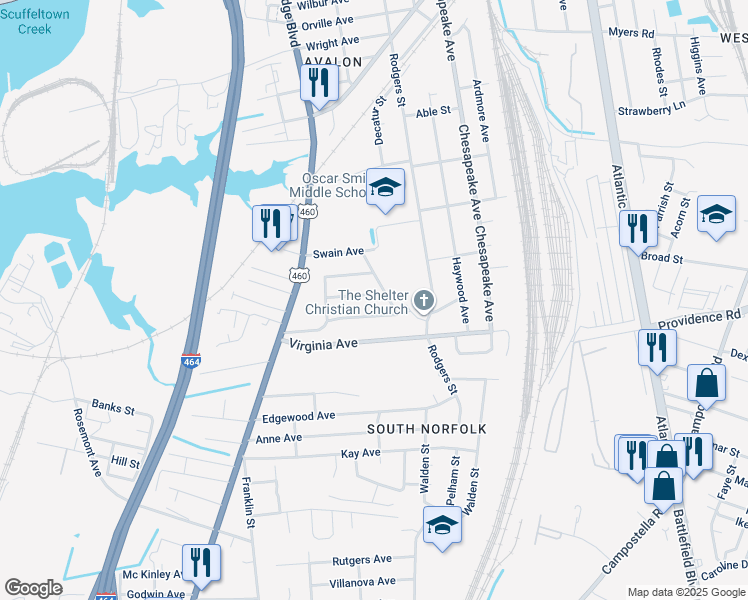 map of restaurants, bars, coffee shops, grocery stores, and more near 1000 Avalon Avenue in Chesapeake