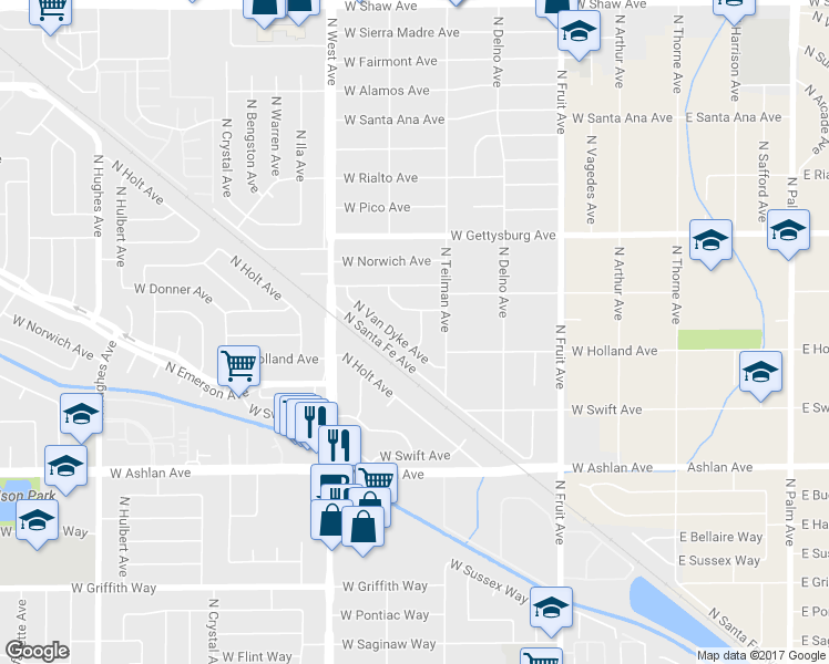 map of restaurants, bars, coffee shops, grocery stores, and more near 4435 North Durant Way in Fresno