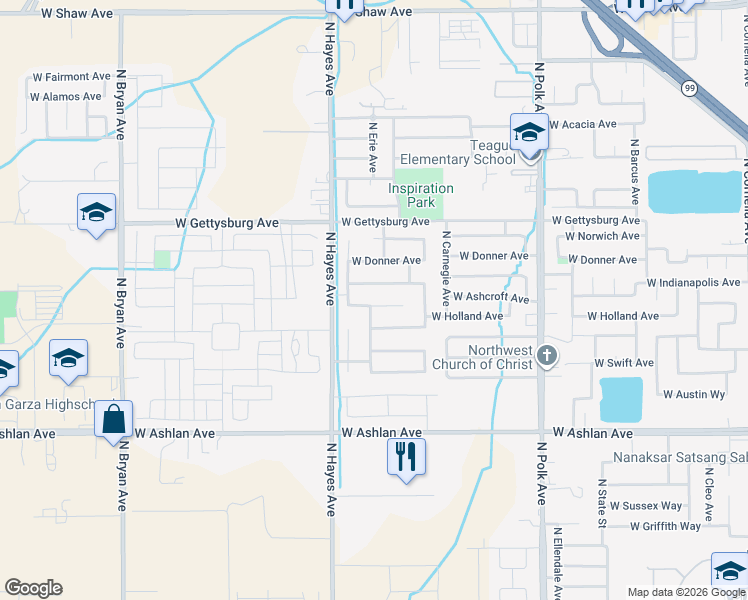 map of restaurants, bars, coffee shops, grocery stores, and more near 5890 West Ashcroft Avenue in Fresno
