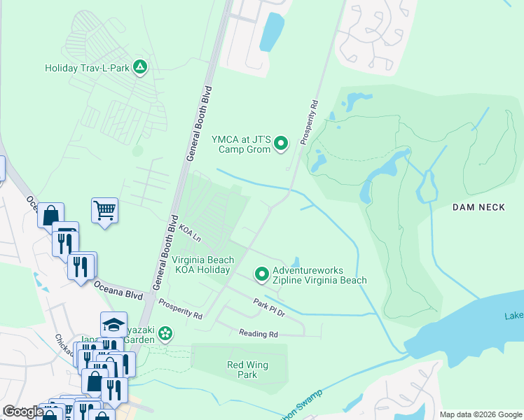 map of restaurants, bars, coffee shops, grocery stores, and more near 1229 Prosperity Road in Virginia Beach