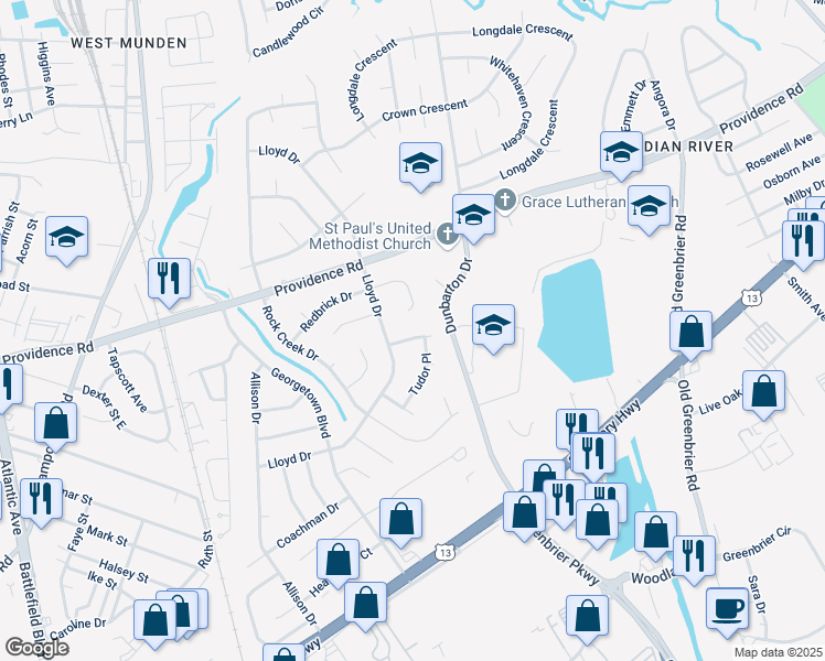 map of restaurants, bars, coffee shops, grocery stores, and more near 412 Shoemaker Drive in Chesapeake