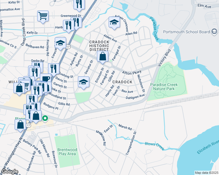 map of restaurants, bars, coffee shops, grocery stores, and more near 96 Gillis Road in Portsmouth