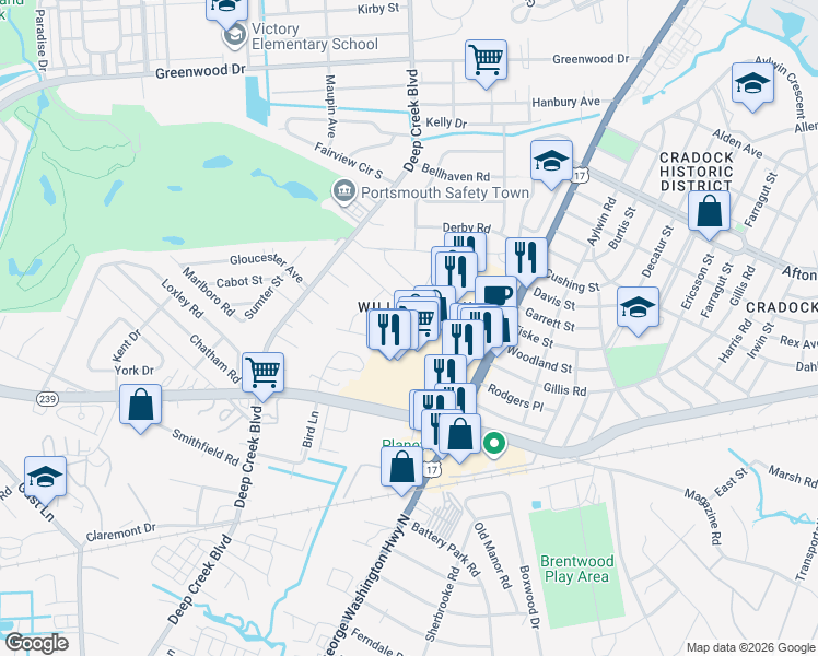 map of restaurants, bars, coffee shops, grocery stores, and more near 349 Starboard Street in Portsmouth
