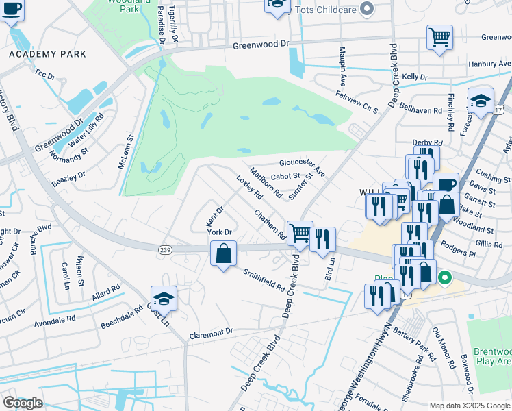 map of restaurants, bars, coffee shops, grocery stores, and more near 28 Chatham Road in Portsmouth