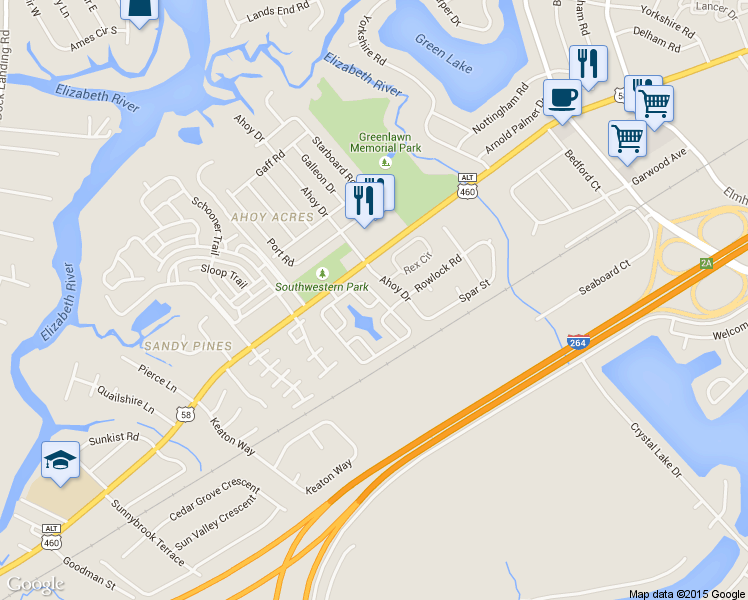 map of restaurants, bars, coffee shops, grocery stores, and more near 3717 Bay Crescent in Chesapeake