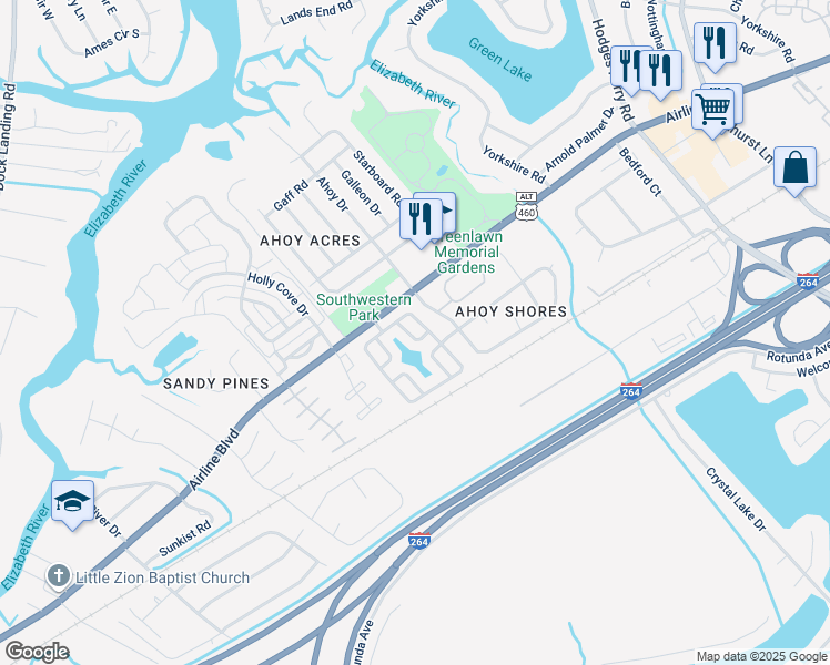 map of restaurants, bars, coffee shops, grocery stores, and more near 3714 Bay Crescent in Chesapeake