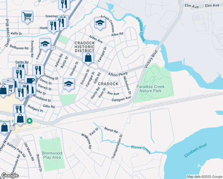 map of restaurants, bars, coffee shops, grocery stores, and more near 98 Channing Avenue in Portsmouth