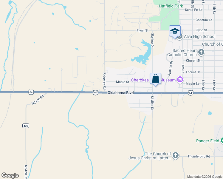map of restaurants, bars, coffee shops, grocery stores, and more near 1932 Oklahoma Boulevard in Alva