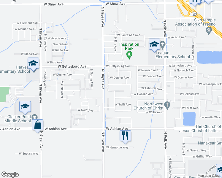 map of restaurants, bars, coffee shops, grocery stores, and more near 5932 West Ashcroft Avenue in Fresno