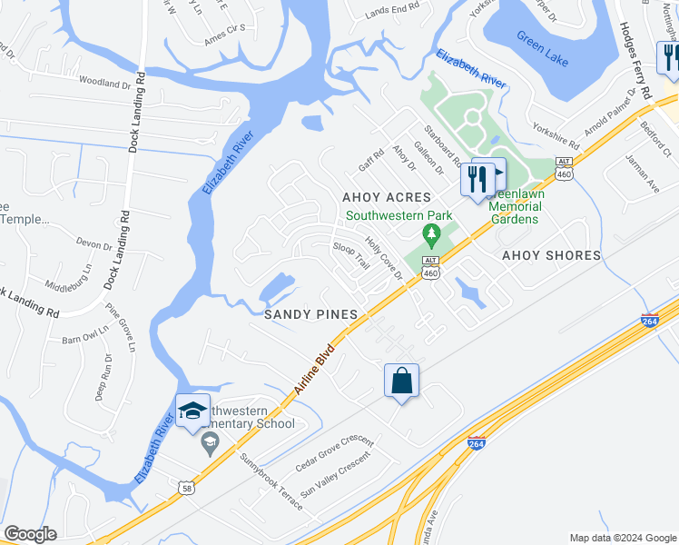 map of restaurants, bars, coffee shops, grocery stores, and more near 4017 Schooner Trail in Chesapeake