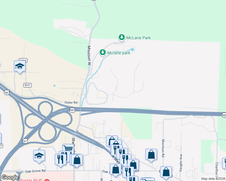 map of restaurants, bars, coffee shops, grocery stores, and more near 3441 Normandy Road in Poplar Bluff