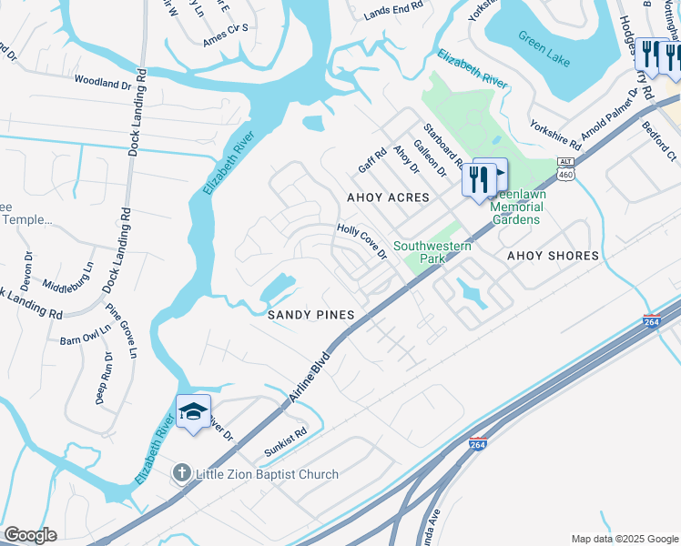 map of restaurants, bars, coffee shops, grocery stores, and more near 4017 Schooner Trail in Chesapeake