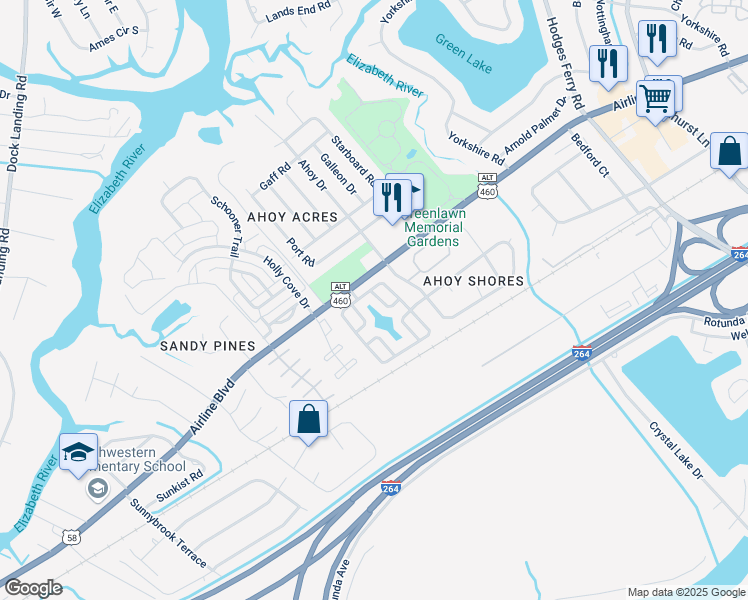 map of restaurants, bars, coffee shops, grocery stores, and more near 3719 Bay Crescent in Chesapeake