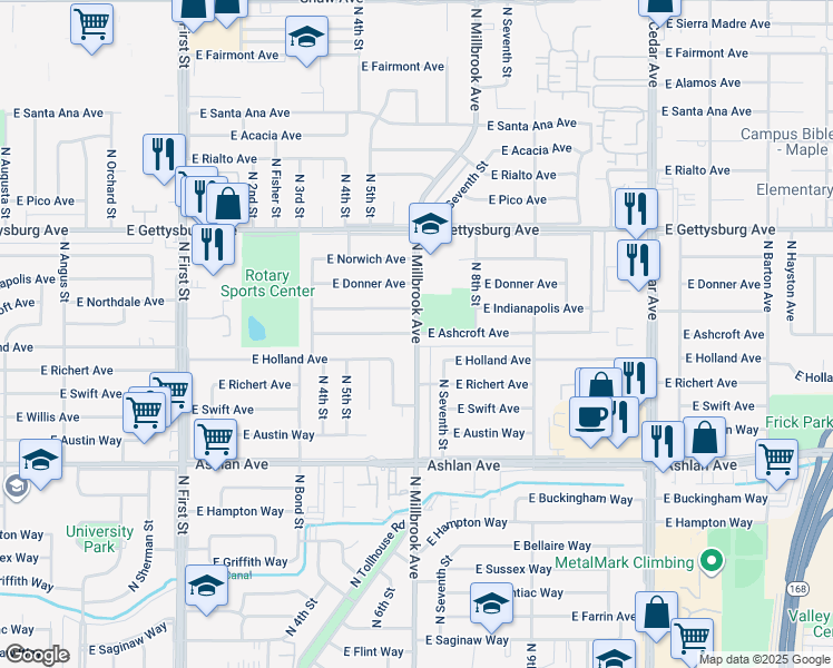 map of restaurants, bars, coffee shops, grocery stores, and more near North Millbrook Avenue & East Ashcroft Avenue in Fresno