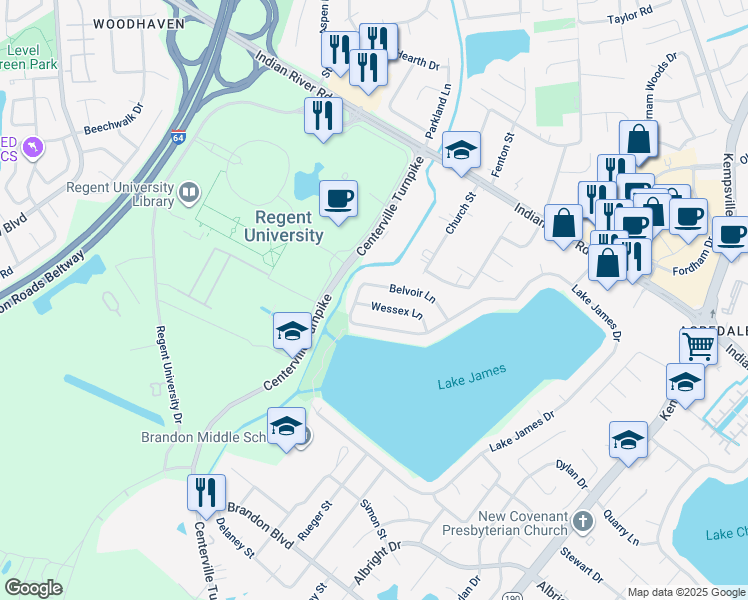 map of restaurants, bars, coffee shops, grocery stores, and more near 1044 Wessex Lane in Virginia Beach
