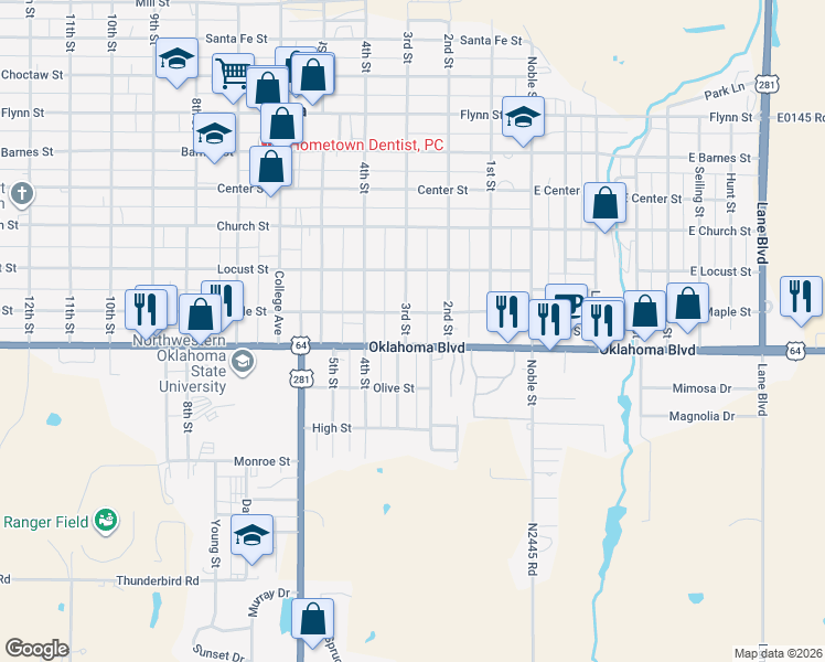 map of restaurants, bars, coffee shops, grocery stores, and more near 214 Oklahoma Boulevard in Alva