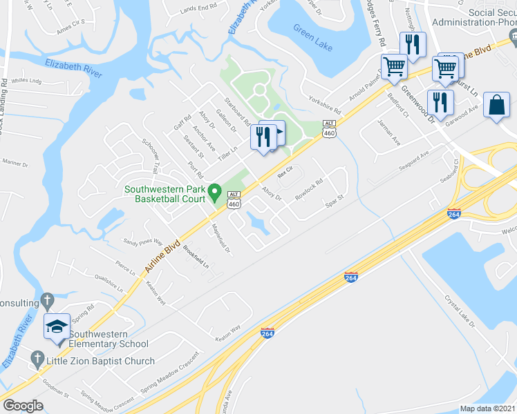 map of restaurants, bars, coffee shops, grocery stores, and more near 3716 Bay Crescent in Chesapeake