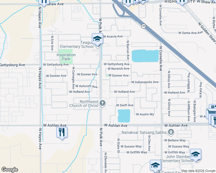 map of restaurants, bars, coffee shops, grocery stores, and more near 5478 West Holland Avenue in Fresno