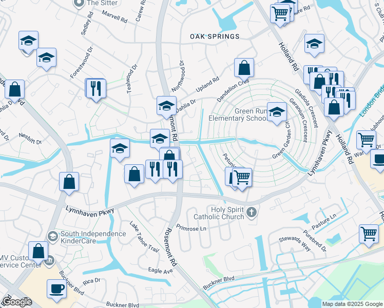 map of restaurants, bars, coffee shops, grocery stores, and more near 1302 Sierra Drive in Virginia Beach