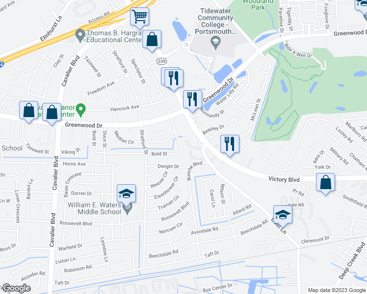 map of restaurants, bars, coffee shops, grocery stores, and more near 713 Bold Street in Portsmouth