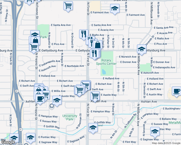 map of restaurants, bars, coffee shops, grocery stores, and more near 4420 North First Street in Fresno
