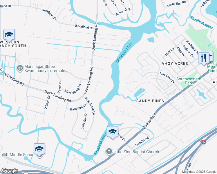 map of restaurants, bars, coffee shops, grocery stores, and more near 3900 Walkers Bend Drive in Chesapeake
