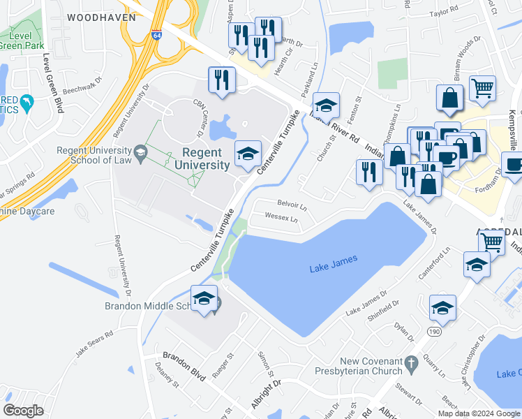 map of restaurants, bars, coffee shops, grocery stores, and more near 1048 Wessex Lane in Virginia Beach