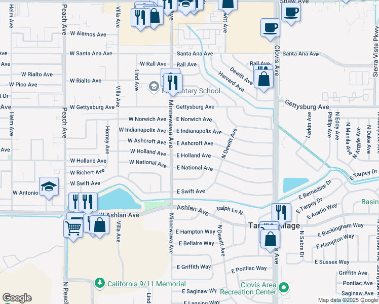 map of restaurants, bars, coffee shops, grocery stores, and more near 5431 East Holland Avenue in Fresno