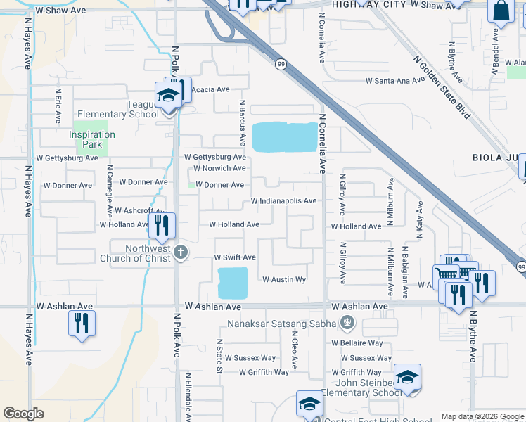 map of restaurants, bars, coffee shops, grocery stores, and more near 4305 North Barcus Avenue in Fresno