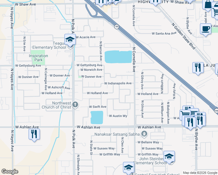 map of restaurants, bars, coffee shops, grocery stores, and more near 4305 North Barcus Avenue in Fresno