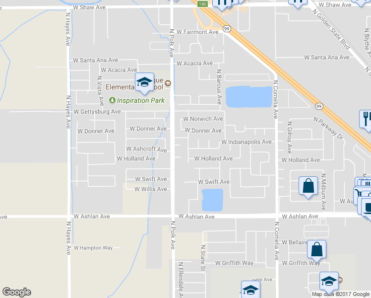 map of restaurants, bars, coffee shops, grocery stores, and more near 5478 West Holland Avenue in Fresno