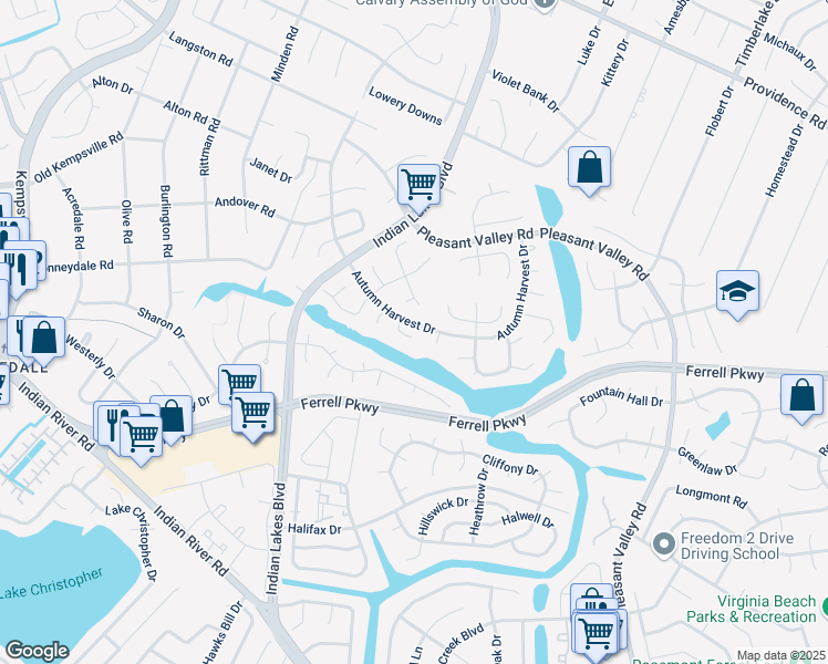 map of restaurants, bars, coffee shops, grocery stores, and more near 5104 Ellesmere Court in Virginia Beach