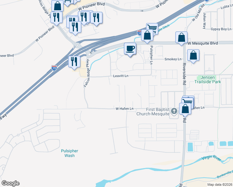 map of restaurants, bars, coffee shops, grocery stores, and more near 1000 Leavitt Lane in Mesquite