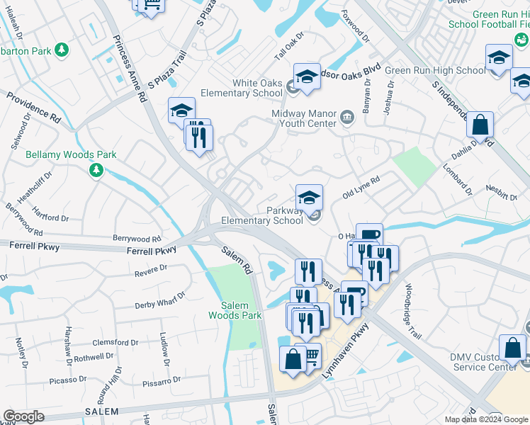 map of restaurants, bars, coffee shops, grocery stores, and more near 1311 Ivywood Road in Virginia Beach