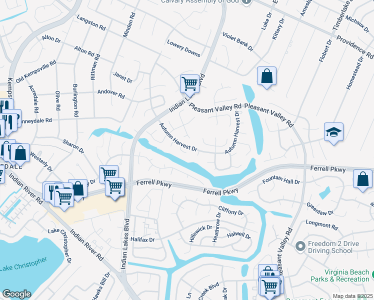 map of restaurants, bars, coffee shops, grocery stores, and more near 5104 Ellesmere Court in Virginia Beach