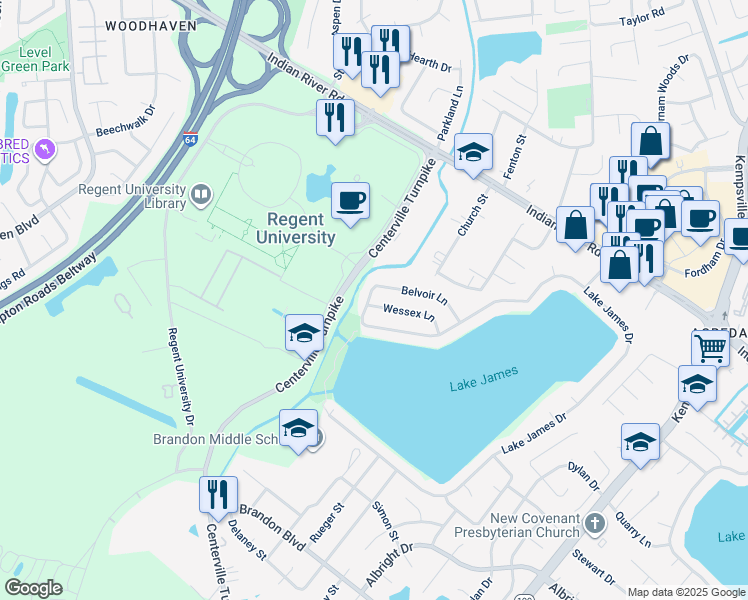map of restaurants, bars, coffee shops, grocery stores, and more near 1052 Wessex Lane in Virginia Beach