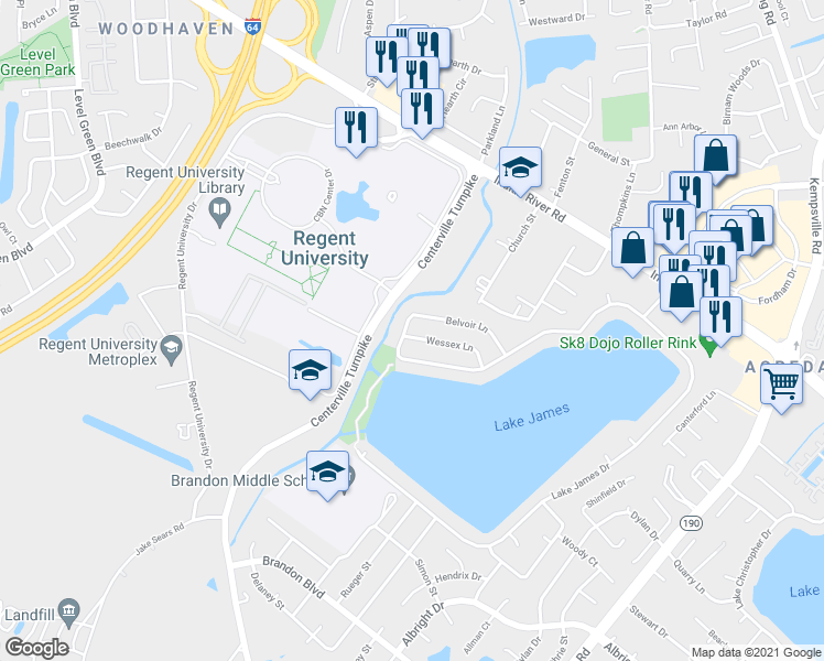 map of restaurants, bars, coffee shops, grocery stores, and more near 1052 Wessex Lane in Virginia Beach
