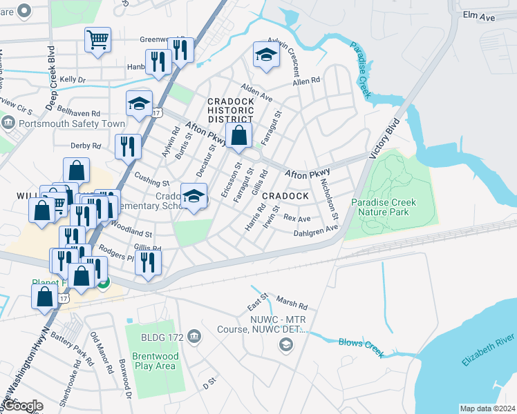 map of restaurants, bars, coffee shops, grocery stores, and more near 95 Harris Road in Portsmouth