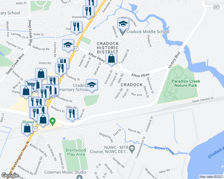 map of restaurants, bars, coffee shops, grocery stores, and more near 95 Gillis Road in Portsmouth