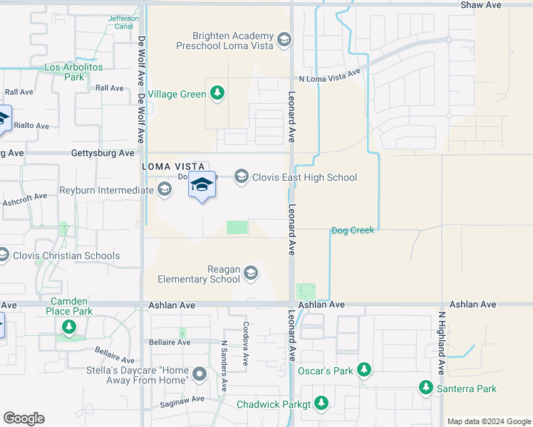 map of restaurants, bars, coffee shops, grocery stores, and more near 4343 Leonard Avenue in Clovis