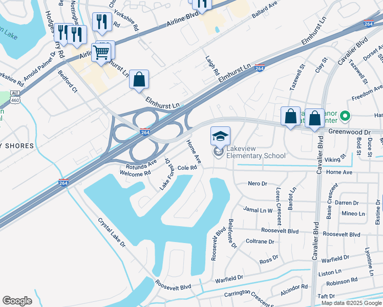 map of restaurants, bars, coffee shops, grocery stores, and more near 1417 Horne Avenue in Portsmouth