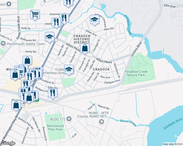 map of restaurants, bars, coffee shops, grocery stores, and more near 95 Harris Road in Portsmouth