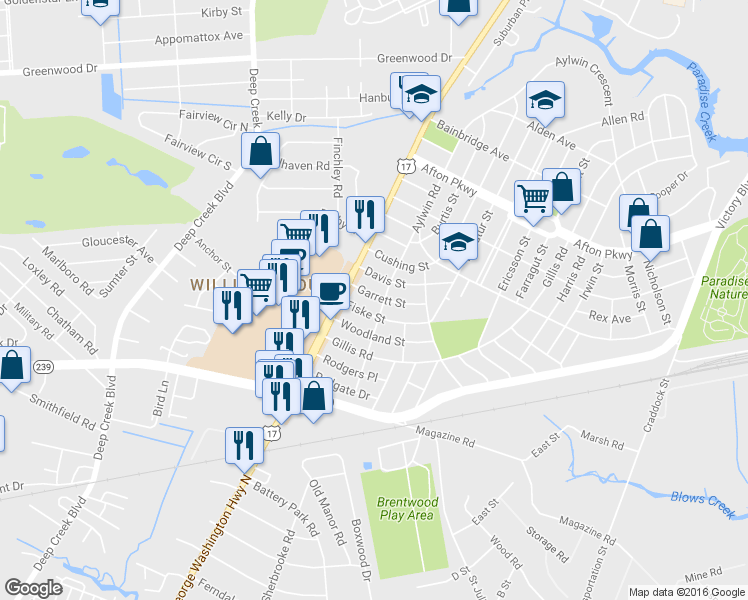map of restaurants, bars, coffee shops, grocery stores, and more near 1905 Garrett Street in Portsmouth