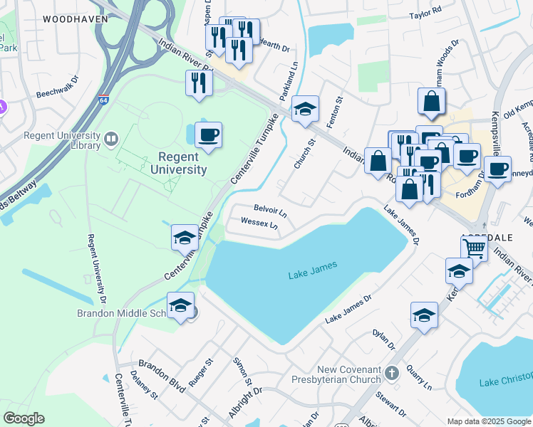 map of restaurants, bars, coffee shops, grocery stores, and more near 1028 Wessex Lane in Virginia Beach