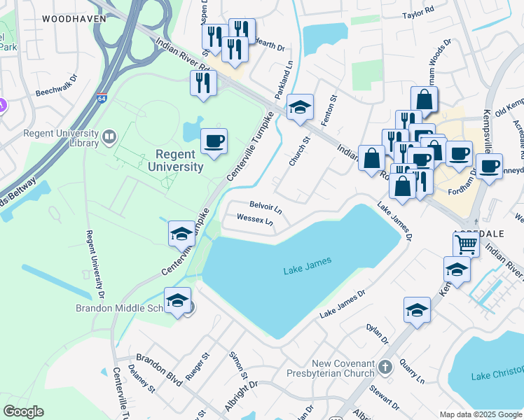 map of restaurants, bars, coffee shops, grocery stores, and more near 1028 Belvoir Lane in Virginia Beach