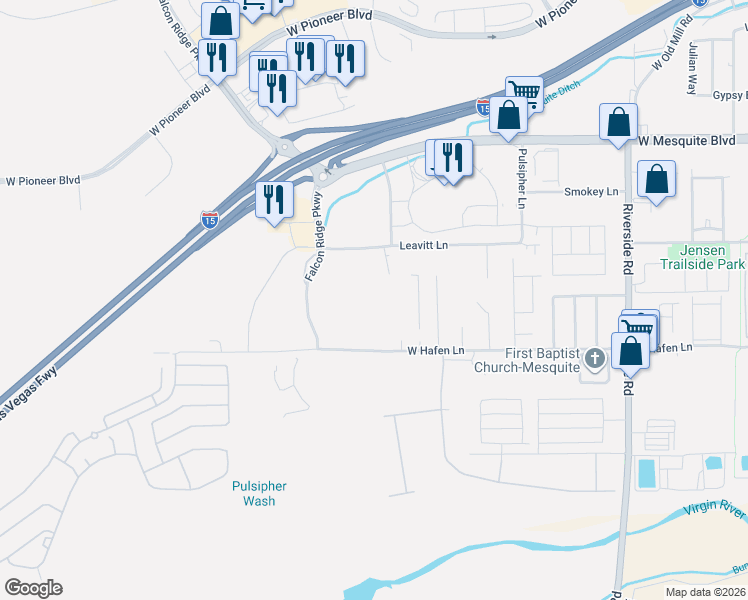 map of restaurants, bars, coffee shops, grocery stores, and more near 1070 Leavitt Lane in Mesquite