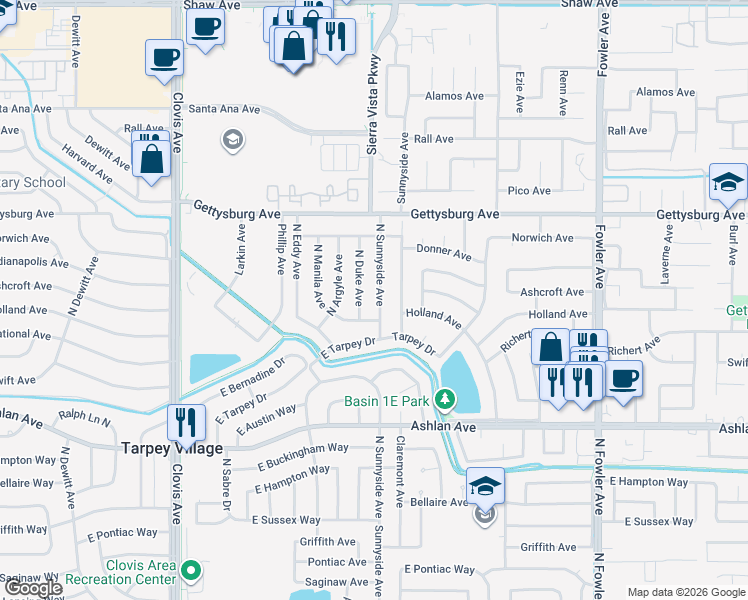 map of restaurants, bars, coffee shops, grocery stores, and more near 4415 North Duke Avenue in Fresno