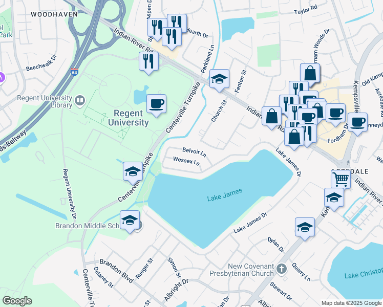 map of restaurants, bars, coffee shops, grocery stores, and more near 1028 Wessex Lane in Virginia Beach