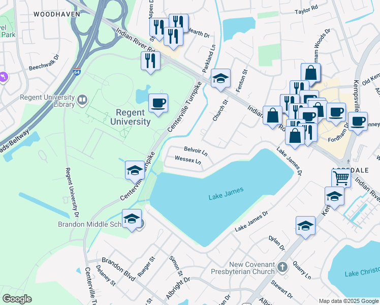 map of restaurants, bars, coffee shops, grocery stores, and more near 1032 Belvoir Lane in Virginia Beach