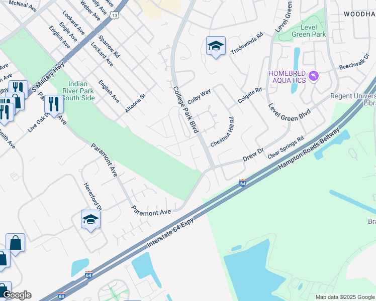 map of restaurants, bars, coffee shops, grocery stores, and more near 2540 Fieldsway Drive in Chesapeake